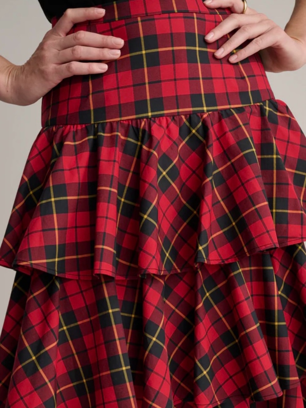 UNTUCKit Gretel Red & Black Plaid Tiered Ruffle Skirt with Yellow Accents